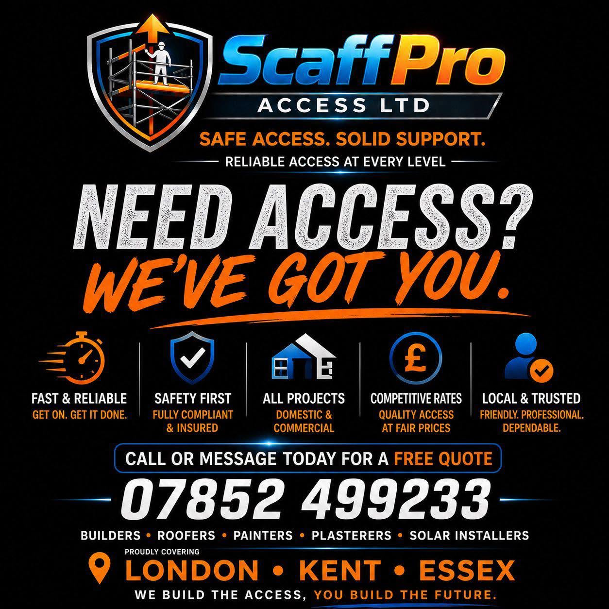 ScaffPro Access business flyer with contact details and service information